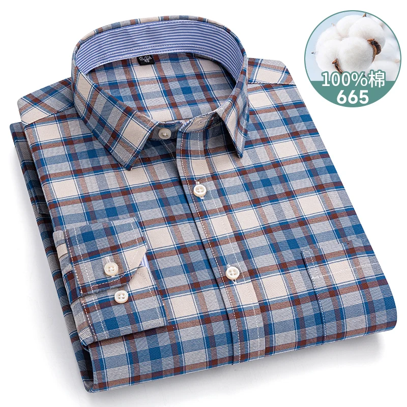 5XL-6XL-7XL Men's Long Sleeve Shirt Spring Autumn Oxford Youthful Stripe Checkered 100% Cotton Casual Business Daily Man Clothes