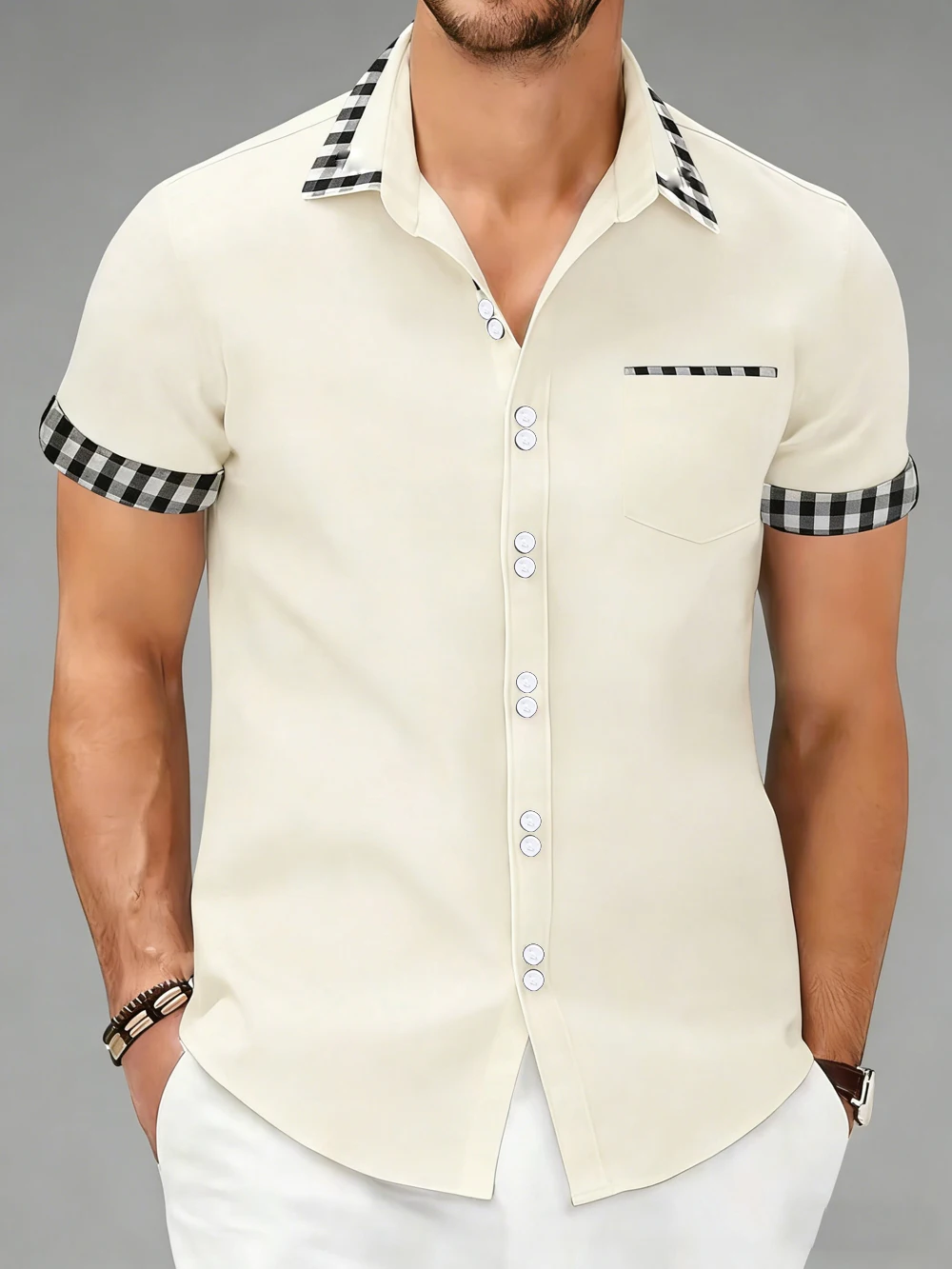 

Men's colorful casual short-sleeved shirt HD cuff collar edge striped edge 3D printed shirt business social men's fast delivery