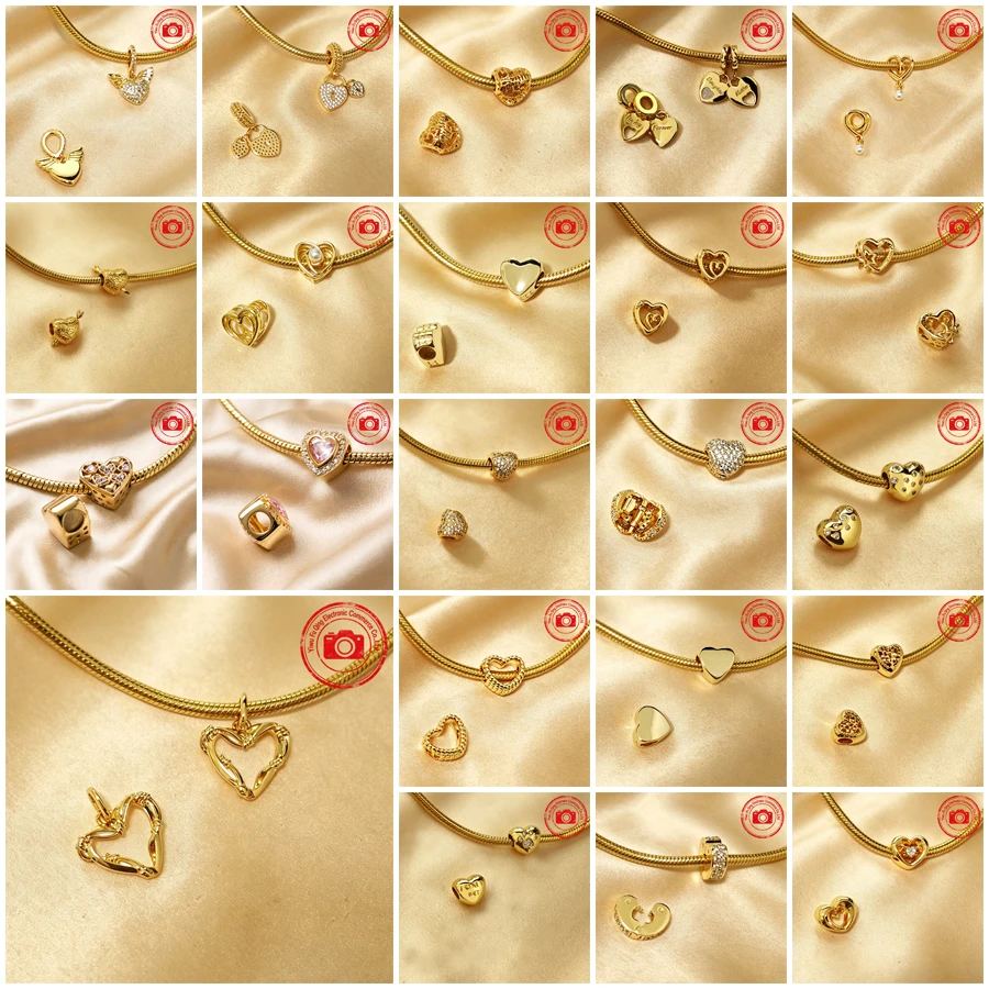 Hot Sale Heart Charms DIY Jewelry Gift Golden Double Heart Split Wrapped Heart Sparkling Pink Heart Beads Fit Original Bracelets