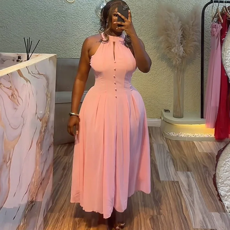 

Women's Clothing 2025 Summer New Style Temperament Hanging Neck Sleeveless Waist Slimming Pink Mid-length Dress Women Party