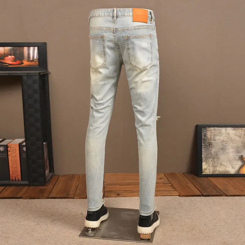 High Street Fashion Men Jeans Retro Light Blue Stretch Skinny Fit Ripped Jeans Men Patched Designer Vintage Denim Pants Hombre