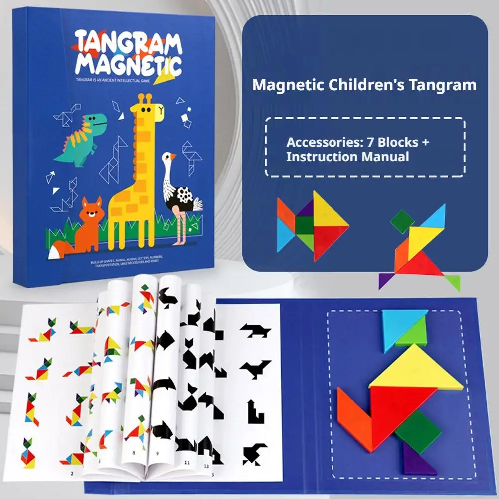 Children's Magnetic Tangram Book Wooden Jigsaw Educational Toys For Children Baby Kid Portable Montessori Learning Intelligence