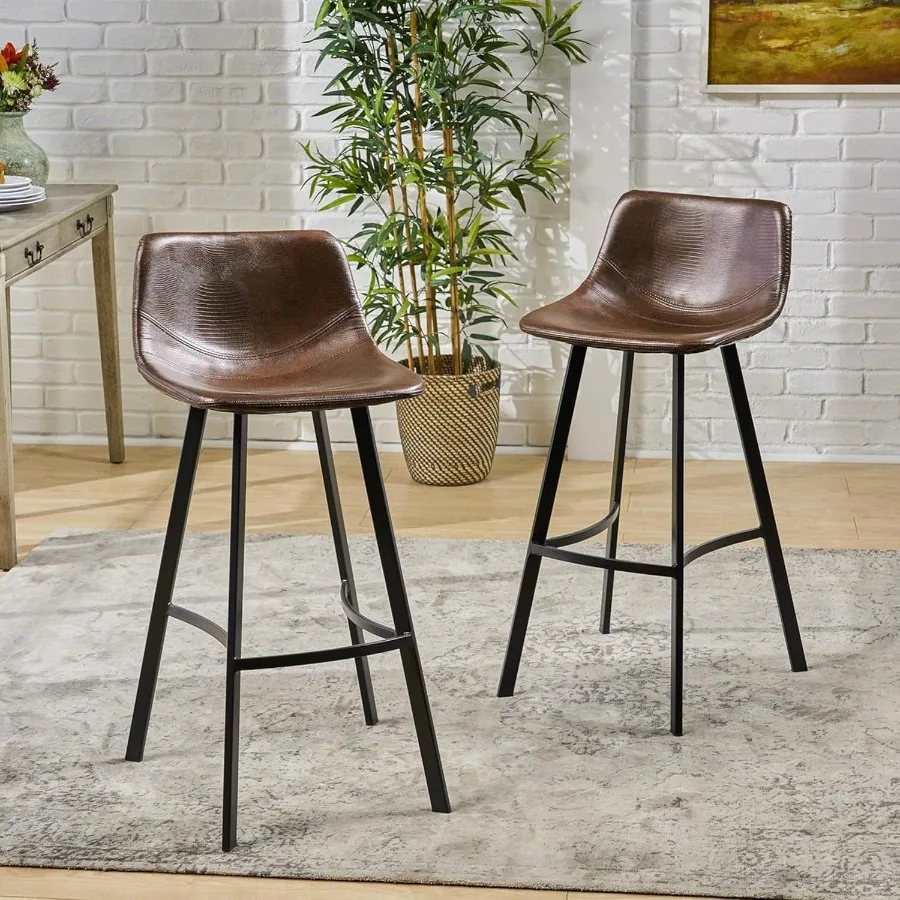Set of 2 Brown PU Leather Bar Stools, 30 Counter Height with Backs and Footrest, Modern Heavy Duty Steel Frame for Kitchen Isla