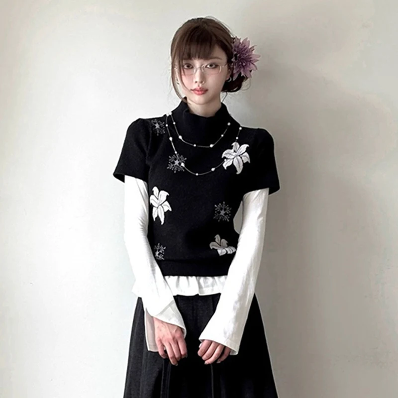 Sweter damski MEXZT w stylu vintage z nadrukiem, japoński Harajuku, czarne dzianinowe pulowery, dzianiny z krótkim rękawem Y2K, zimowe swetry, nowy model