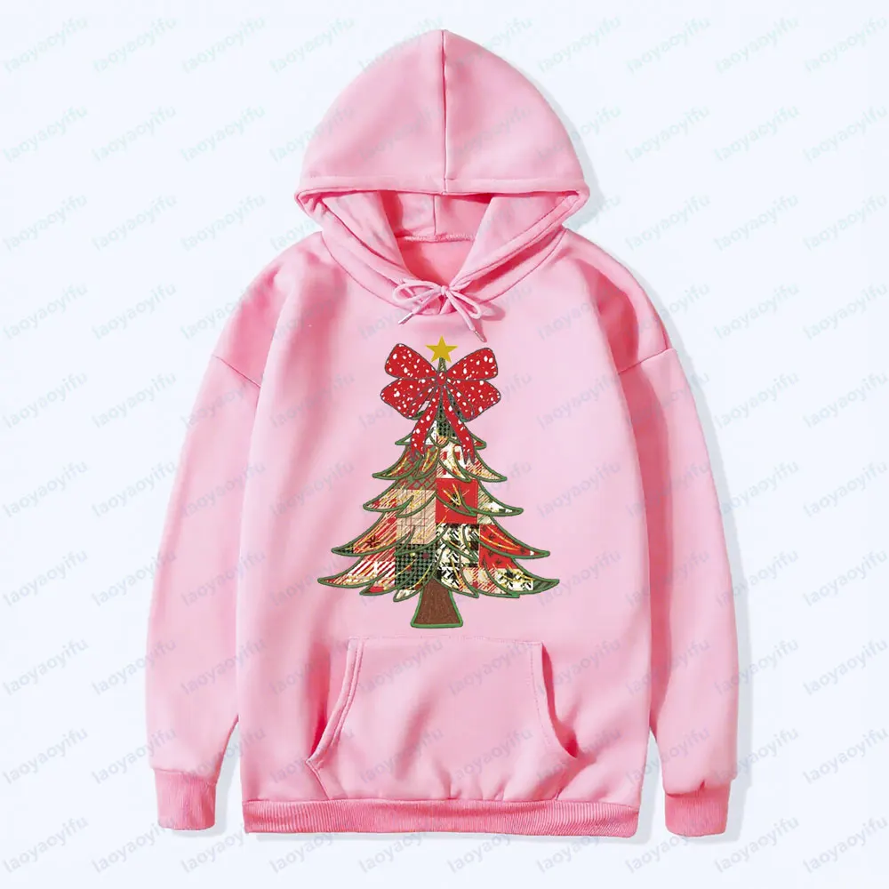 Felpe con cappuccio retrò per albero di Natale Felpe patchwork natalizie vintage Buon regalo di Natale Abbigliamento Top casual alla moda da donna