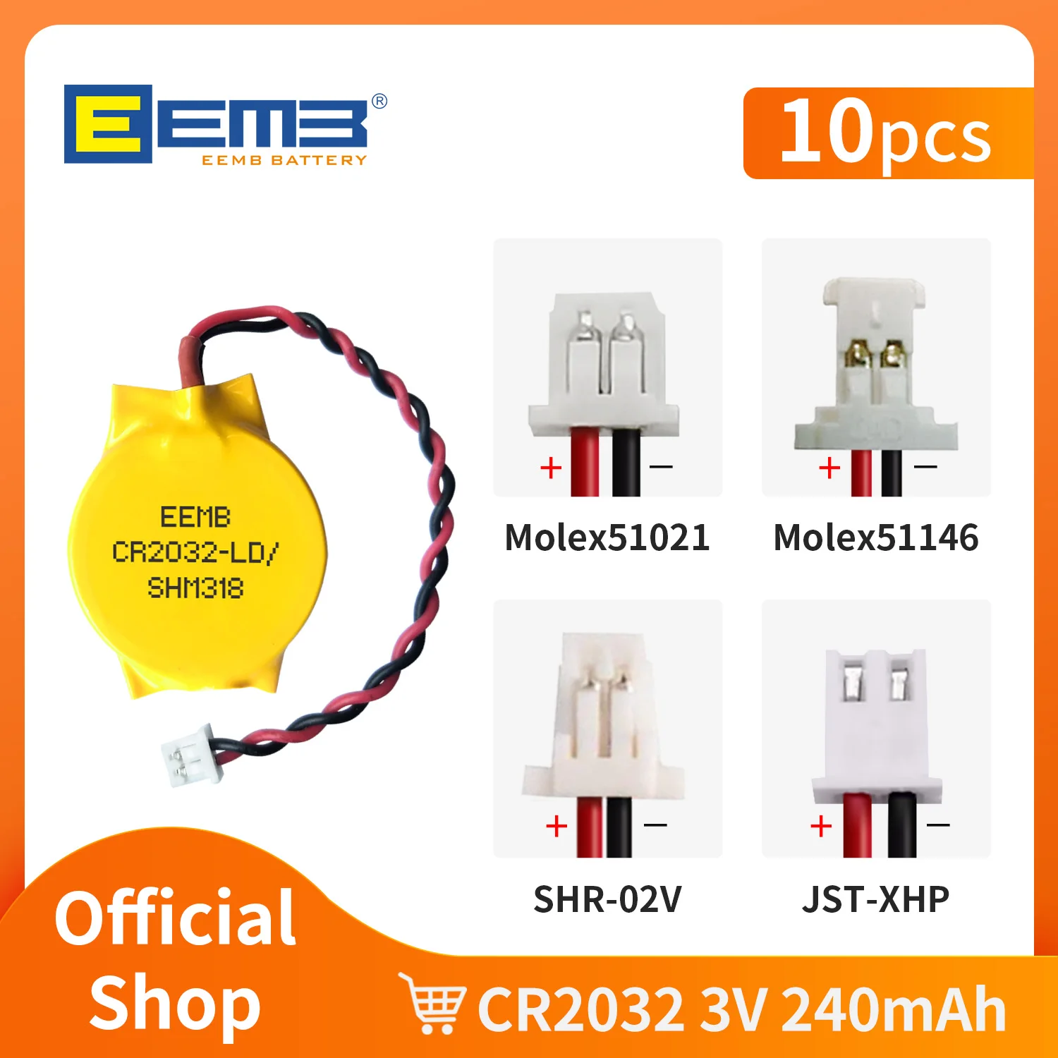 

10PACK CMOS Battery EEMB 3V CR2032 Battery with Molex51021-RP Plug Motherboard Laptop Replacement Battery for PC Computer