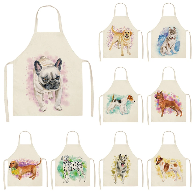 Dog Pug Kitchen Sleeveless Aprons For Women Cotton Linen Bibs Household Cleaning Pinafore Home Cooking Apron 55x68cm