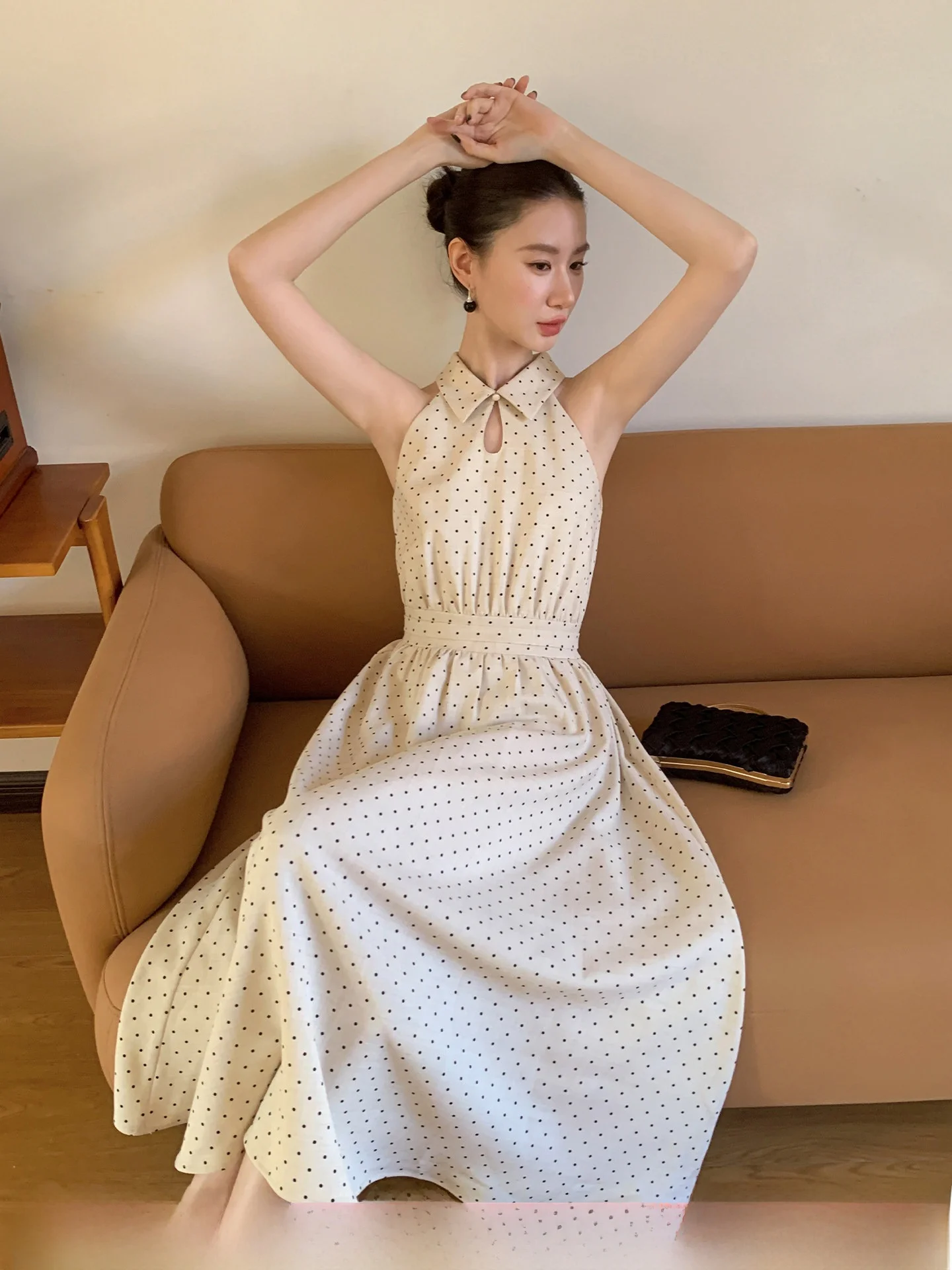 

Платье XXNING с принтом в горошек, воротником-стойкой, в стиле ретро, с завышенной талией, А-силуэт, без рукавов, женское, для города и офиса