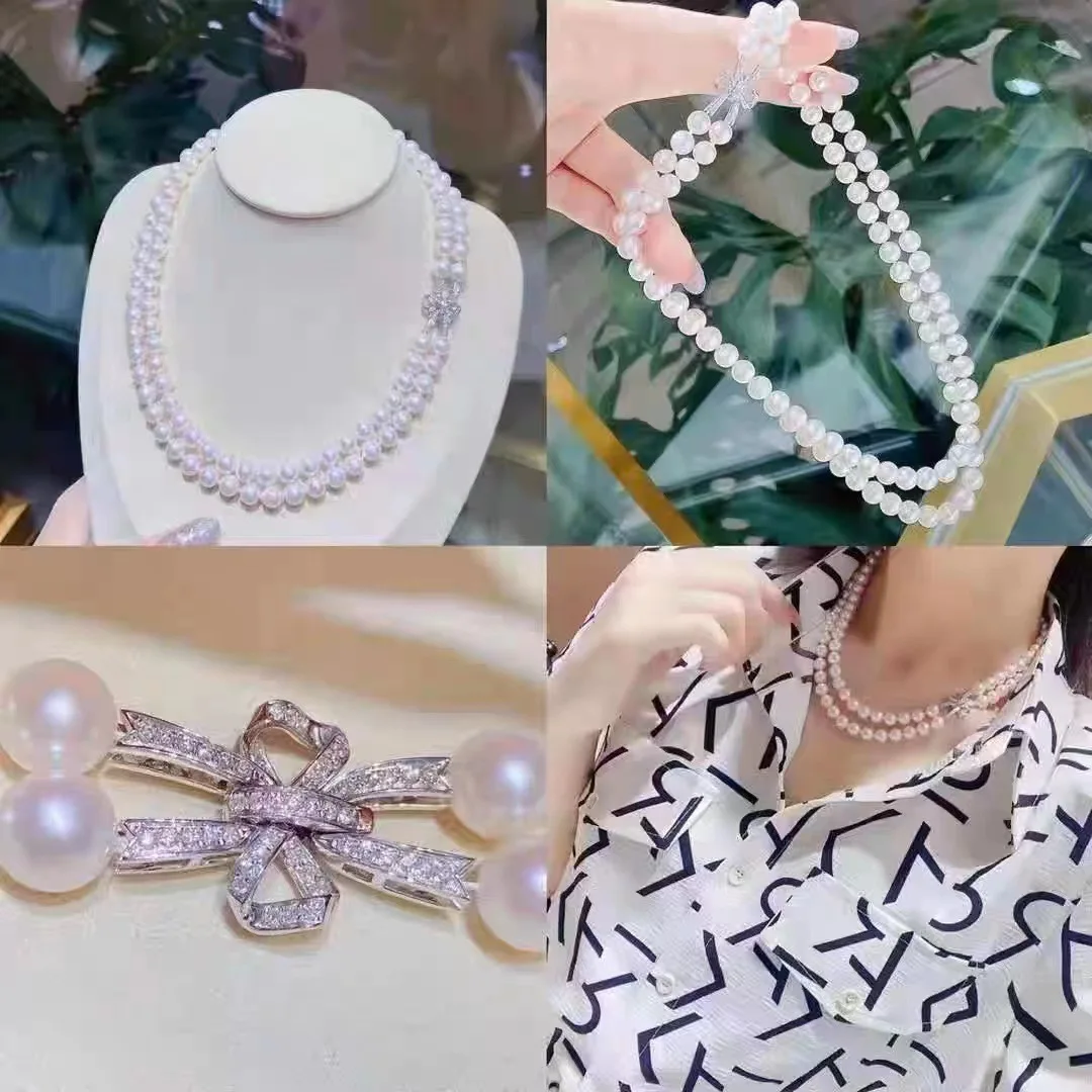 2row 16-18inch AAA Japan Akoya 8-9mm 9-10mm White Pearl pendant Bracelet Necklace 925s