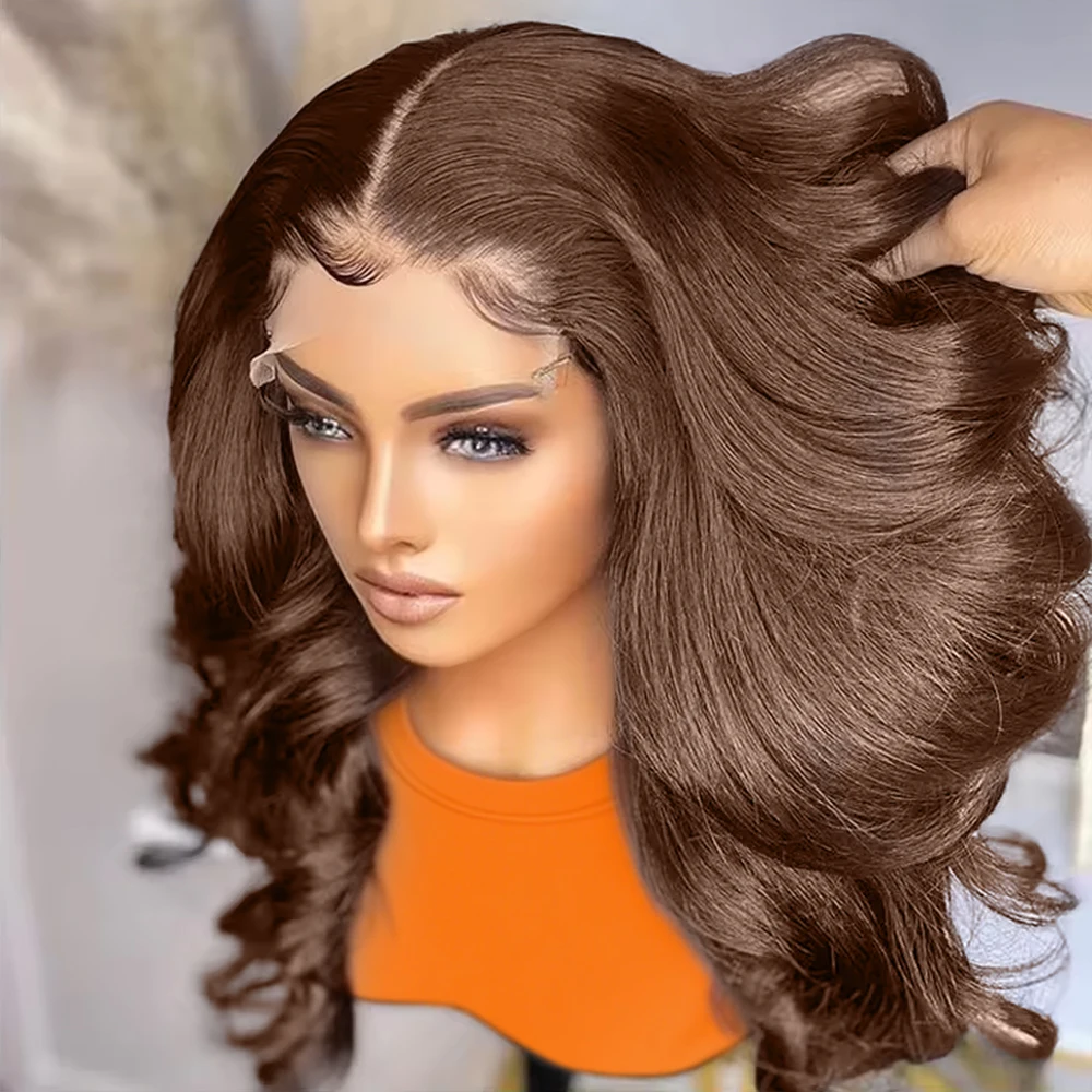 Perruques Courtes Bob Ondulées 250% Body Wave avec Dentelle Frontale, Cheveux Humains Chocolat Marron, Perruques Frontales en Dentelle HD Transparente 13x4 pour Femmes, 16 Pouces Colorées # Perruque