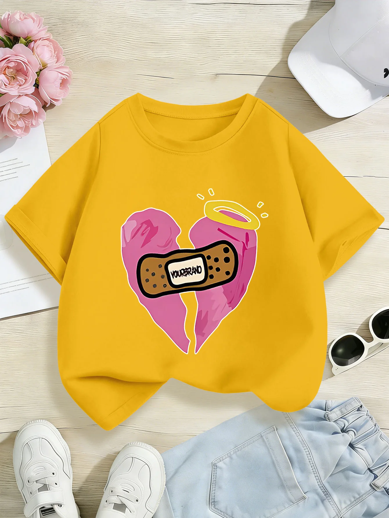 Broken Heart Bandage Halo Print Boys Girls Short Sleeve Tee Parent Match Soft Cotton Kids Stylish Daily Casual Fashion T Shirts