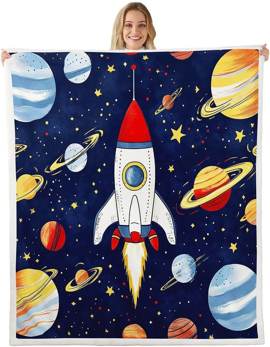Cartoon Rocket Sherpa Blanket Colorful Planets Lightweight Polyester Blanket Outerspace Universe Fleece Blanket Cute Star Print