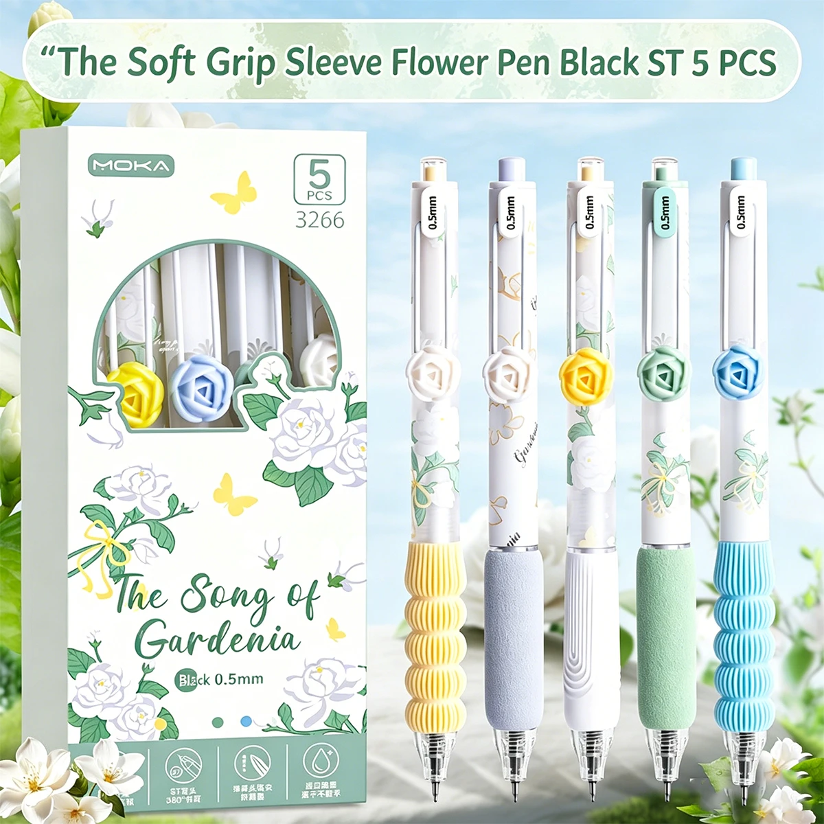 5pcs Gardenia & Rose Gel Pens, 0.5mm ST Tip Black Ink, Soft Grip Retractable Pens for Students &