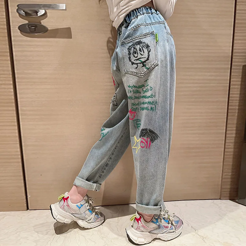 Autumn teenage girls graffiti jeans pantalon fille 10 ans junior kids Cartoon elastic waist harem pants kids trousers clothes