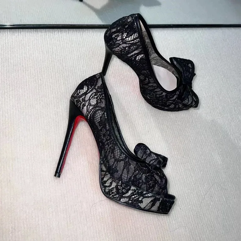 

Summer Black Lace Mesh Open Peep-Toe High Heels Thin Heel Sexy Platform Sandals Bow Decoration Party Pumps For Women