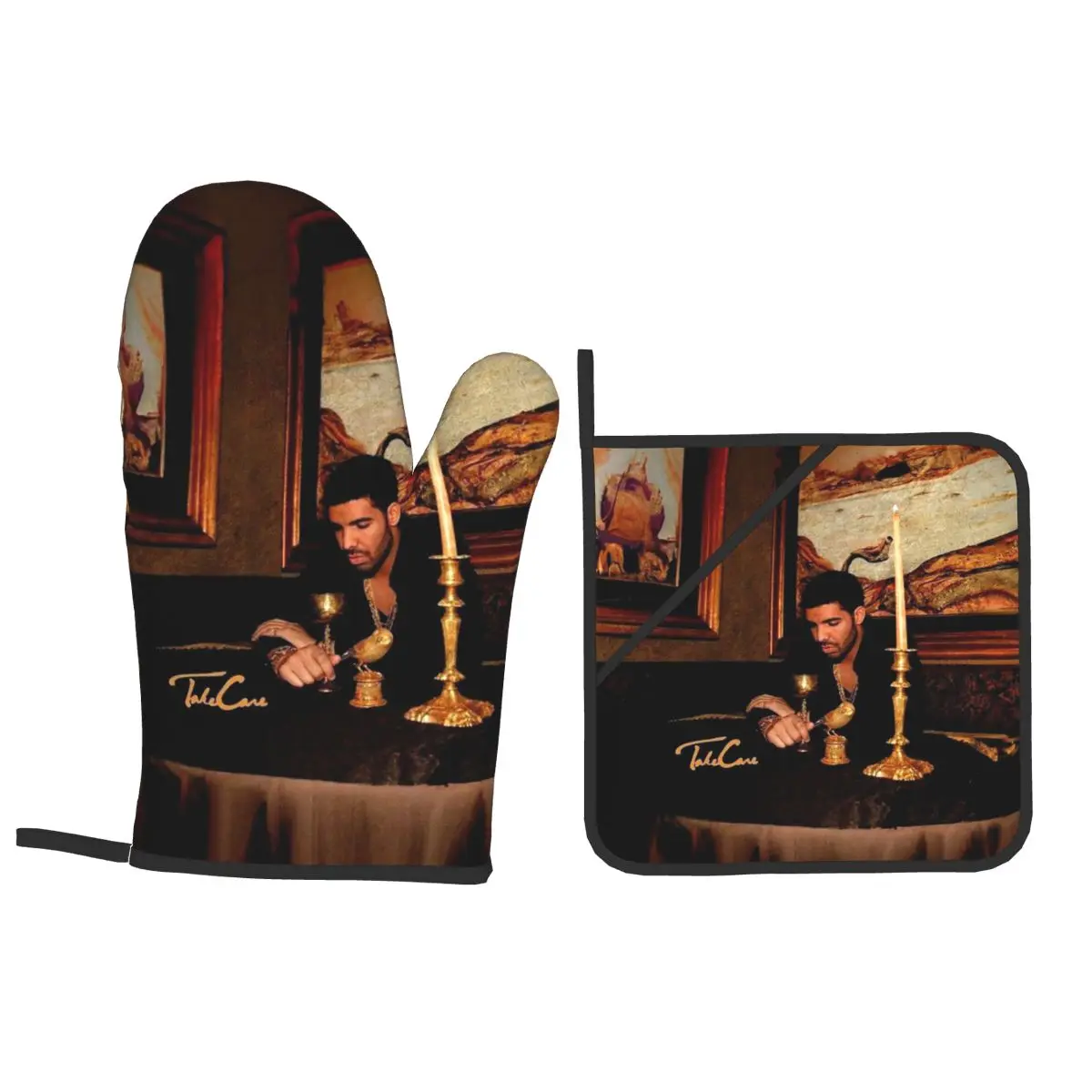 Hip Hop Rapper Drake Take Care Album Oven Mitts and Pot Holder Sets of 4 for Baking Cooking BBQ Resistant Non-Slip Gloves