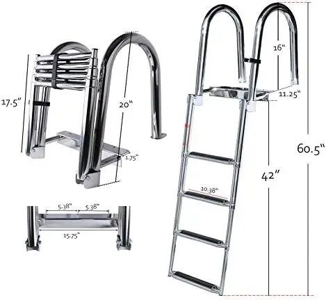 316Stainless Steel Folding Telescoping Boat Ladder for Pontoon Boats Entry Inboard Heavy Duty Wide Steps Safe Boat Accessories