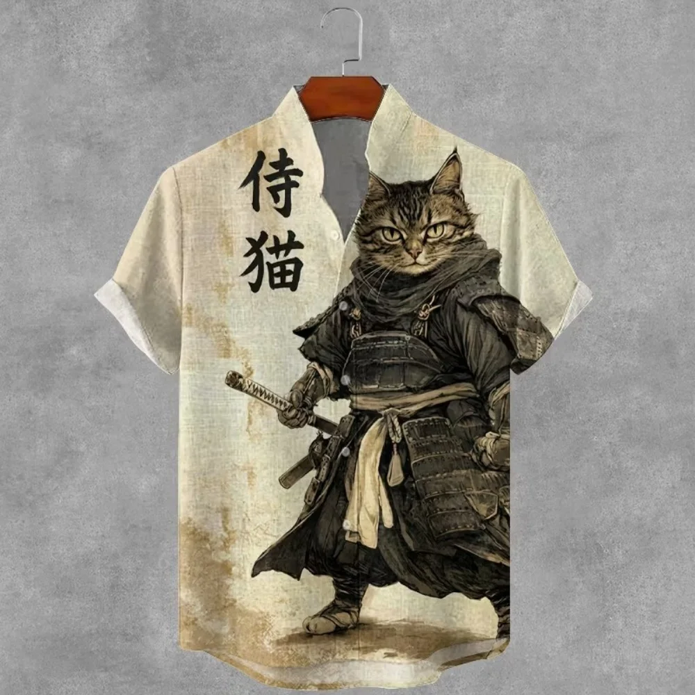New Japanese style ukiyo-e samurai cat print men's short sleeved shirt with black base lapel casual shirt