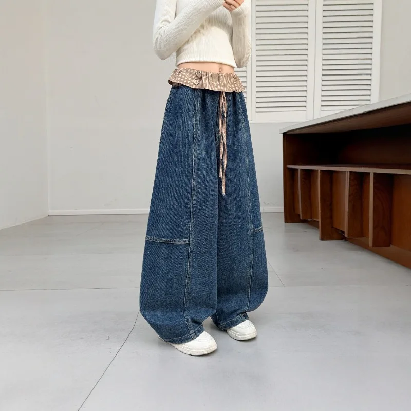 Girls' fake two piece checkered waist jeans, spring and autumn new style, loose wide leg pants hanging casual pants