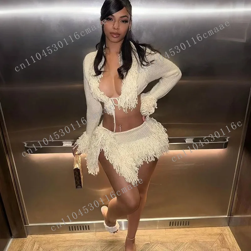 2025 New Arrivals Boutique Two Piece Tassel Winter Fashion Skirt Set Women's Sets