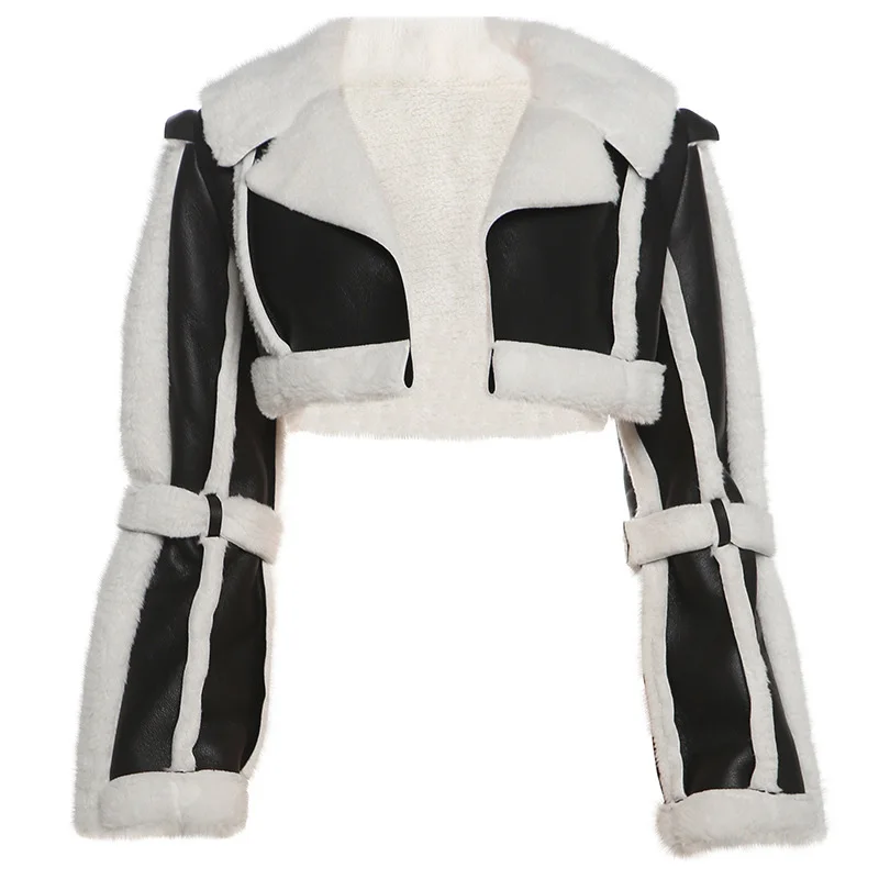 

BKLD Female High Fashion PU Leather Patchwork Faux Fur Contrasting Jacket Long Sleeve Lapel Short Coat 2025 Autumn Winter Outfit