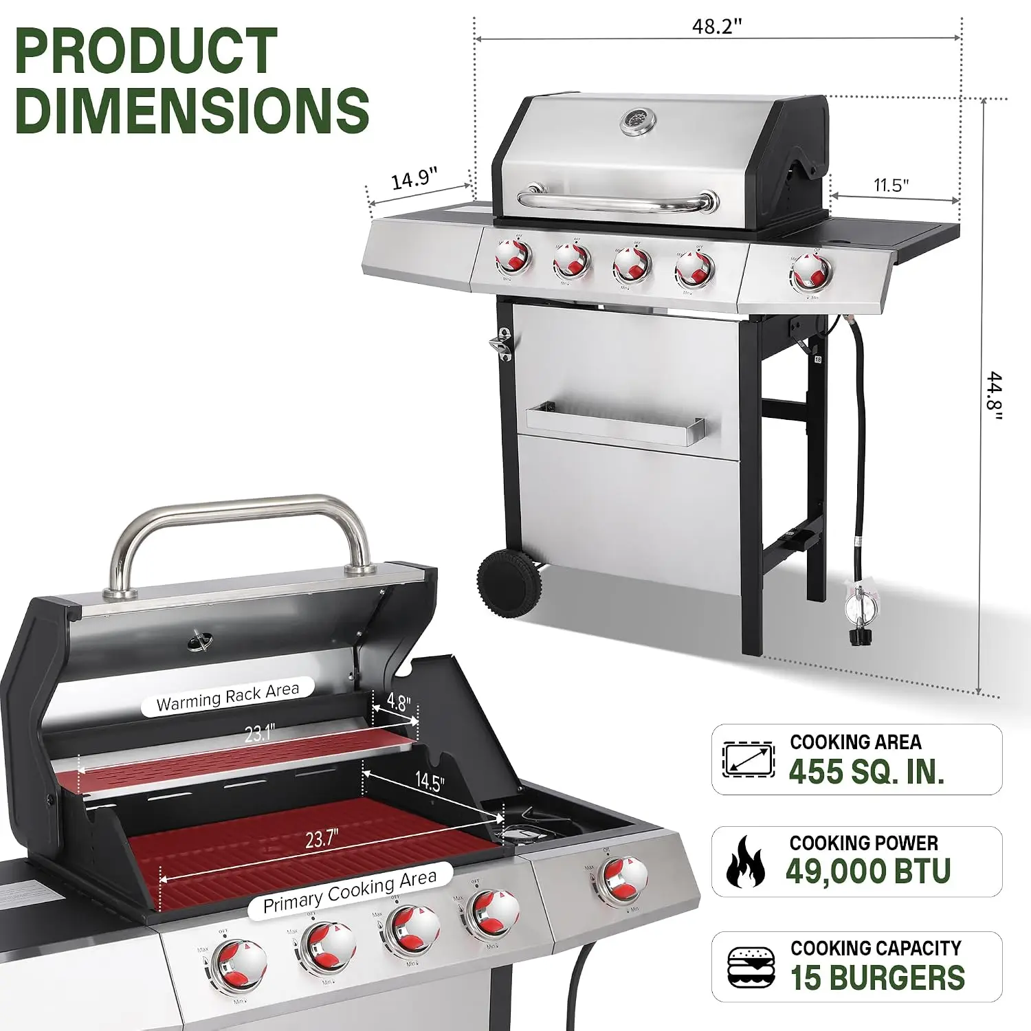 Gas and Charcoal Grill Combo with Side Burner, 4-Burner Propane Grill and Griddle Combo with Porcelain-Enameled Cast Iron Grates