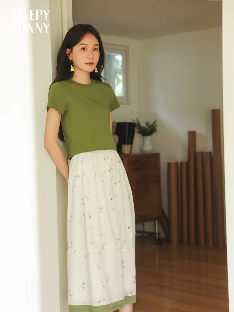 

High Waist A-Line Midi Skirt Women Summer White Floral Patchwork Design Slimming Elastic Waist Skirt Petite Casual Elegant Looks