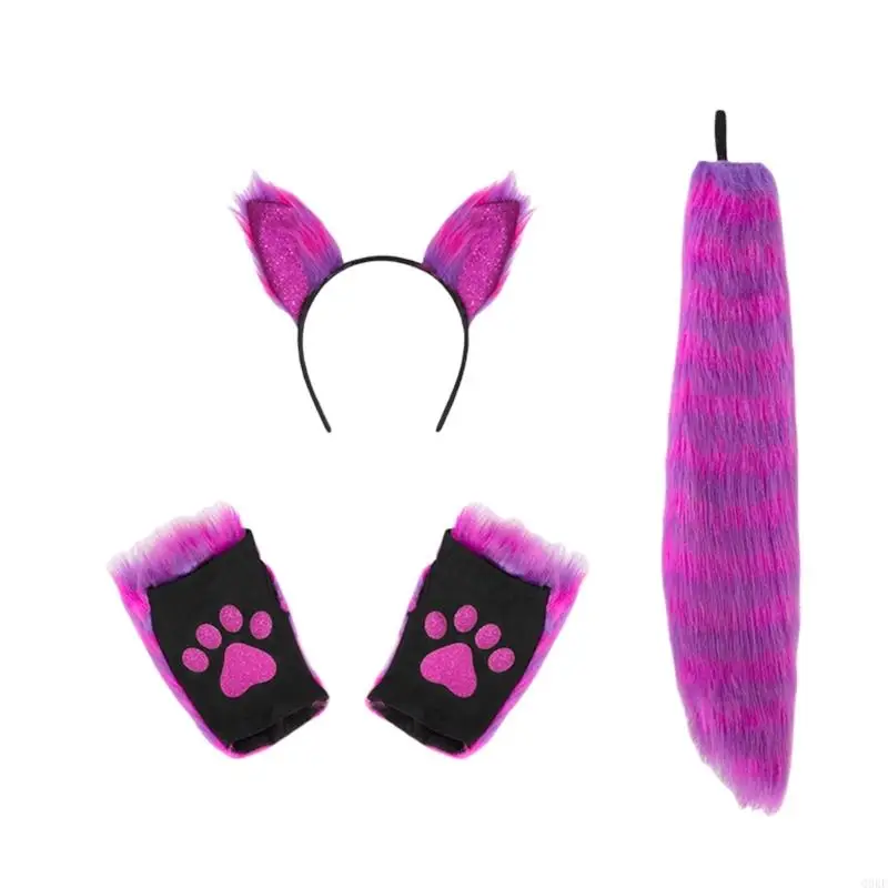 Q0KE Accessori per costumi da volpe, fascia per orecchie animali, coda guanti in peluche per bambina, cosplay Natale,