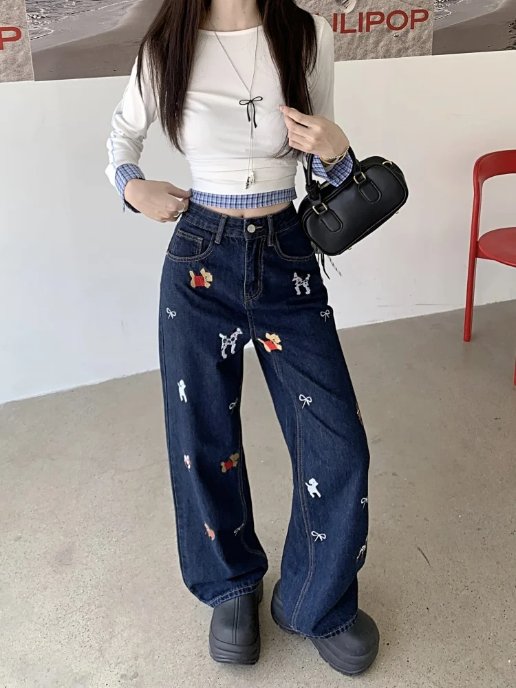 2024 Ropa Y2K Fashion Butterfly Knot Puppy Embroidery Baggy Jeans Pants For Women Clothes Dark Blue Straight Lady Denim Trousers
