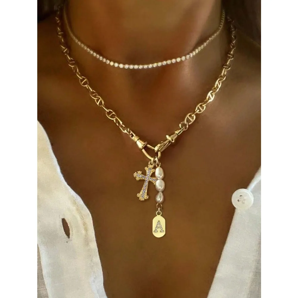 

1pc Gold Letter Necklace, 26 Letters A-Z With Cross & Pearl Pendant, Stainless Steel Chain, Unique Luxury, Suitable As Gift For Women, Party & Holiday