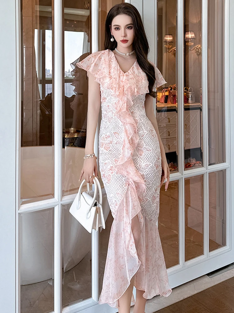 

Sweet Gentle Long Dress for Women Elegant Lace Flower Ruffles Sleeve Bodycon Fishitail Robe Party Holiday Vestidos Maxi Clothes