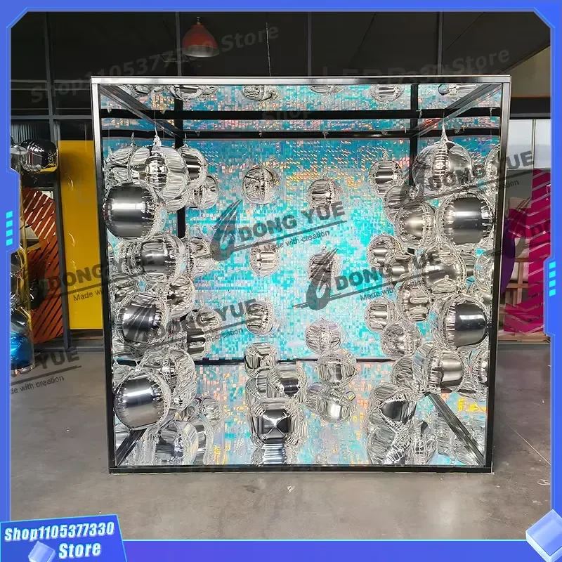 Square Sequin Panel Background for Photo Studio Custom Silver Mirror Box Magazine Shoot Prop with Silver Foil Balloons