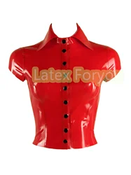 Handmade Natural Latex Woman Short  Sleeve Top Gummi Slim Shirts with Front Button Rubber Tight Fitted Shirt Customized