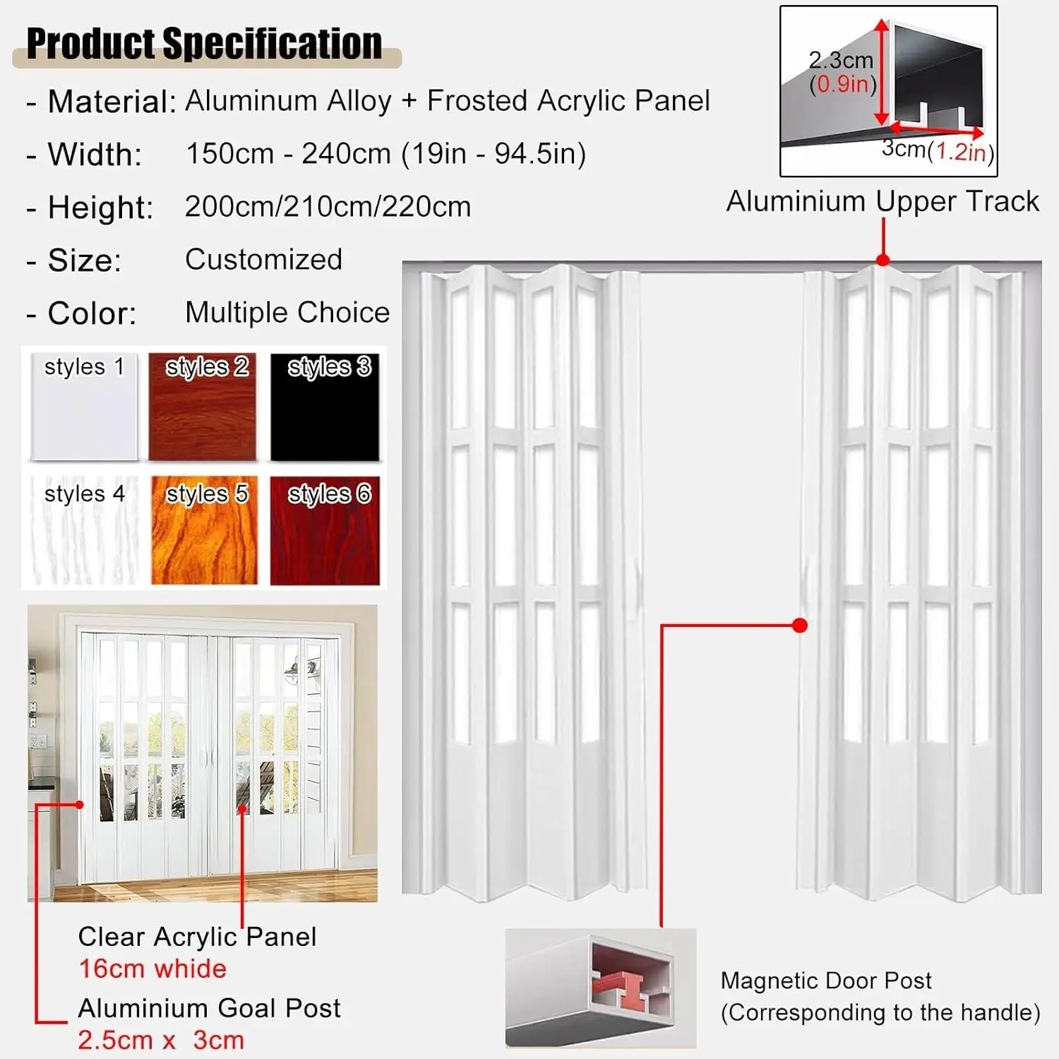 Grande porta dupla bifold com vidro para exterior interior, marrom, branco, preto, moldura de alumínio, porta acordeão, 56, 62, 68, 76, 80 polegadas