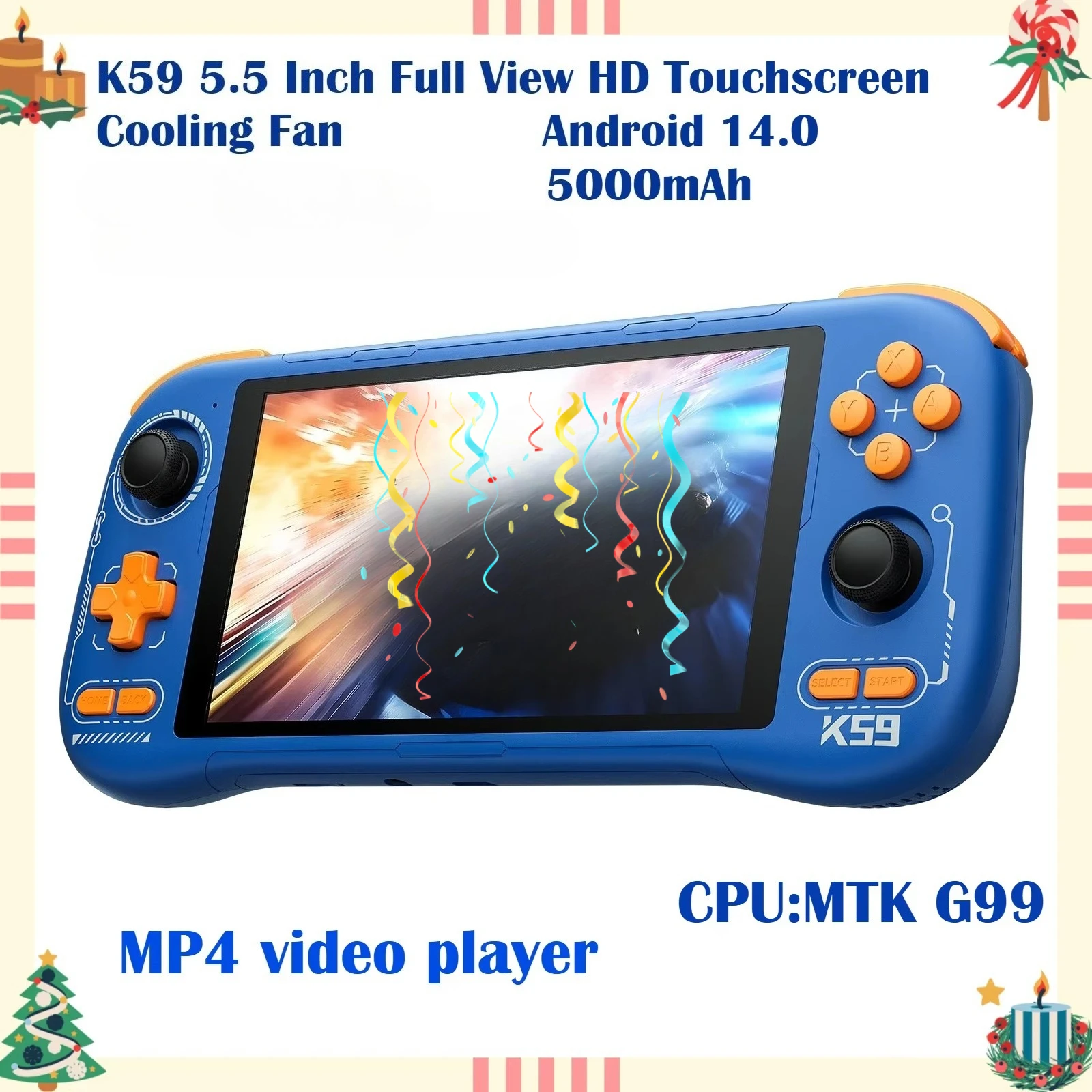 جهاز ألعاب محمول K59 Pro بنظام أندرويد 14، شاشة لمس 5.5 بوصة، بطارية 5000 مللي أمبير مع مروحة تبريد، مشغل فيديو محمول، يدعم ألعاب متعددة الصيغ.