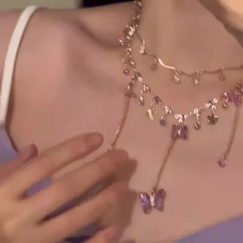Ultra-gleaming Double-layered Flower Butterfly Necklace  An Elegant Layered Collar Chain with Delicate and Exquisite Fringes