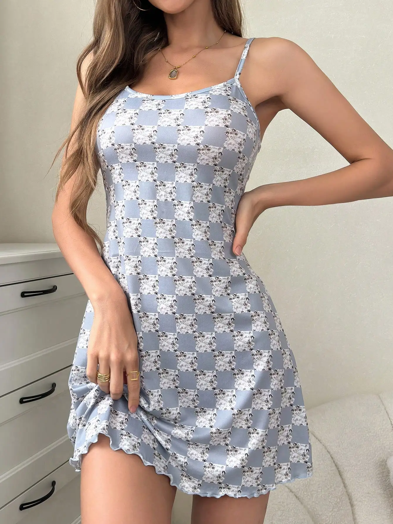 Allover  Plaid Print Nightgown Casual Ruched-front Round Neck Backless Slip Dress Women\'s Sleepwear