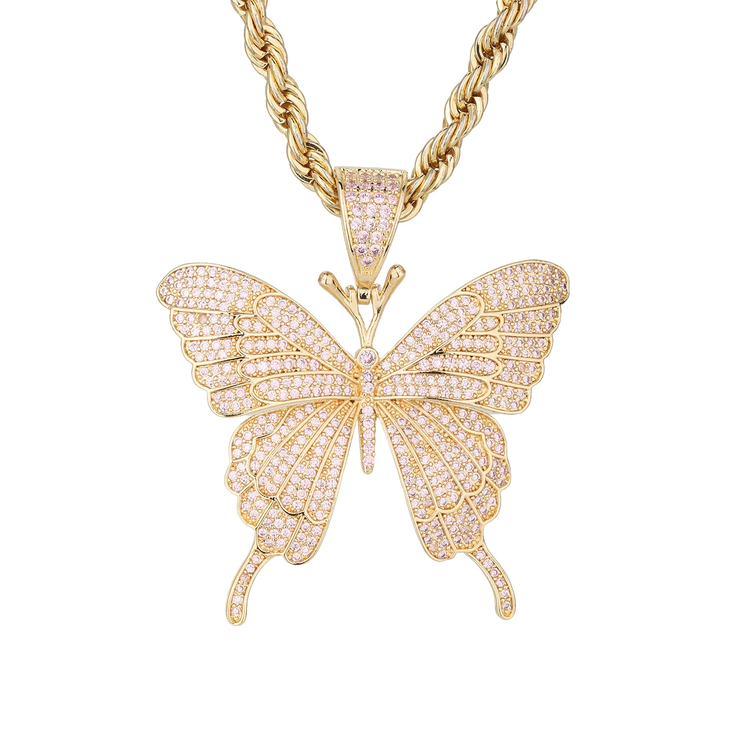 Shiny Zircon Pink Big Butterfly Pendant Necklace Hip Hop Thick Cuban Chain Choke Circle Tennis Chain Necklace Women's Jewelry