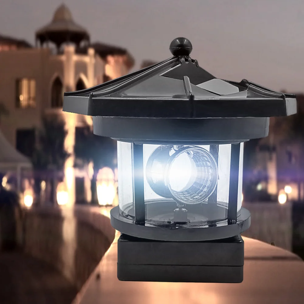 Lighthouse Shape Solar LED Light Garden Fence Outdoor Beacon Rotating Beam Lamp