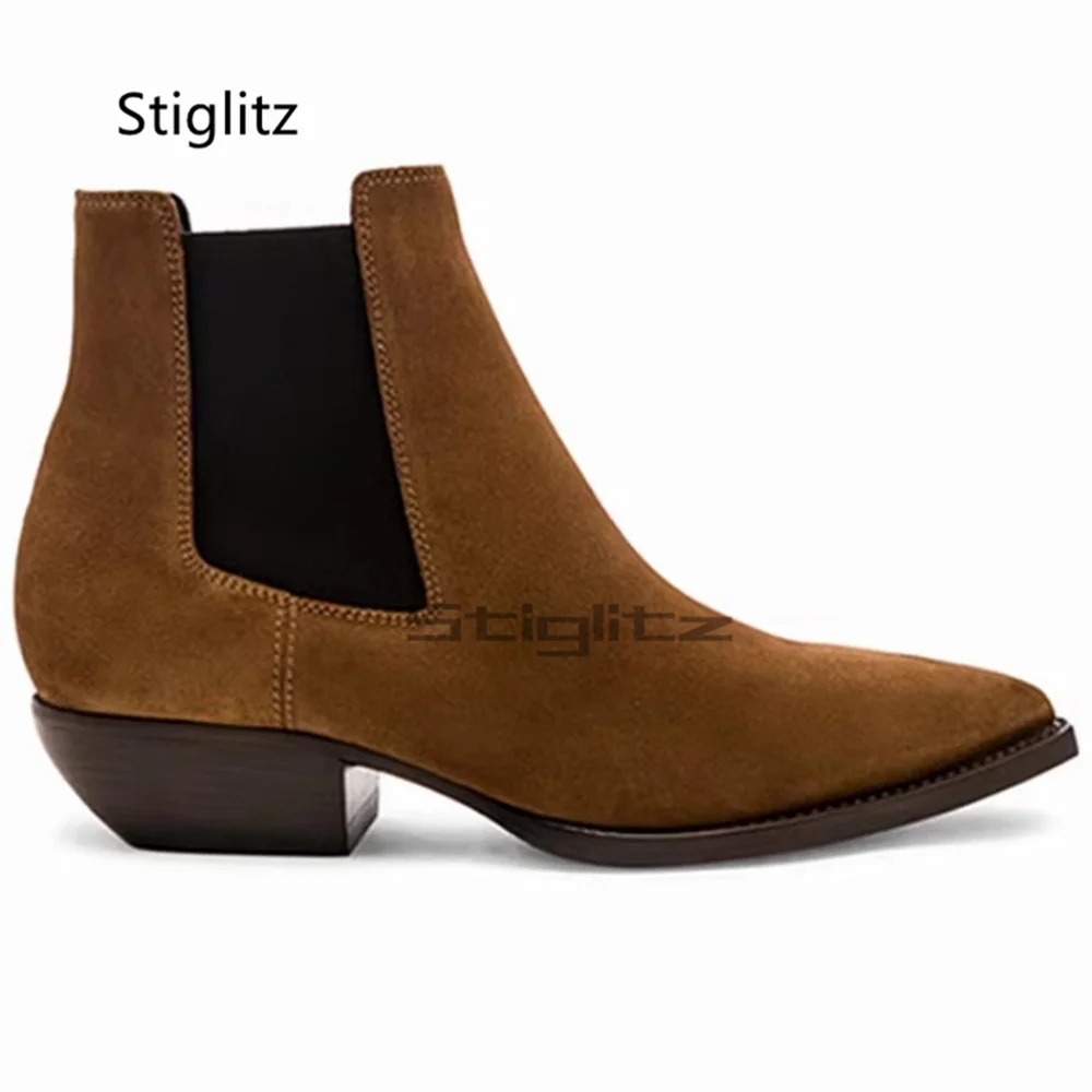Men's Retro Brown Suede Chelsea Boots Pointed Toe Slip On Short Stretch Boot Block Heel British Western Casual Dress Shoes