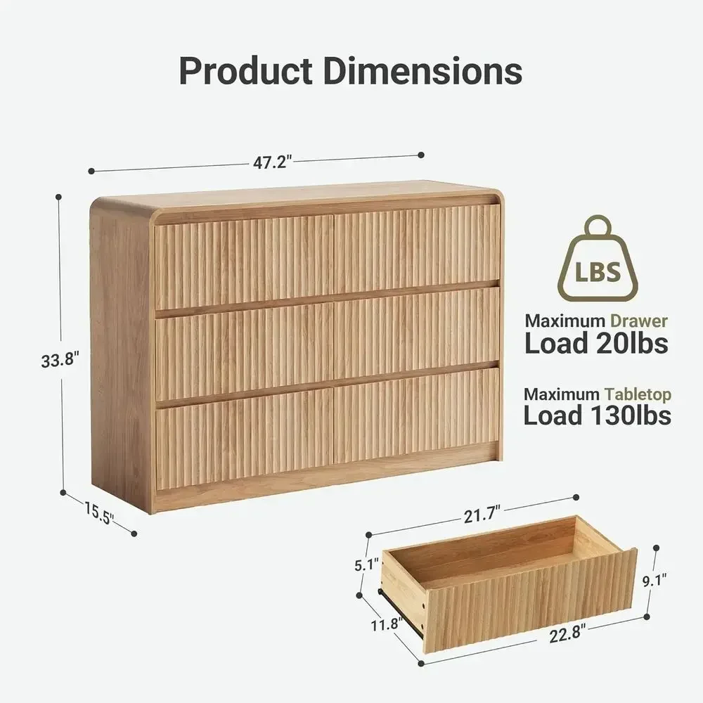 47 Wide Wooden Drawer Chest - Curved Anti-Collision & Anti-Tipping, Modern Bedroom, Living Room, TV Stand, Natural Oak Finish