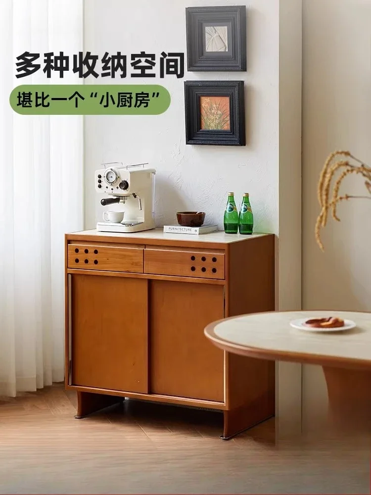 

Durable Side cabinet Retro solid wood travertine rock slab Tea table Locker French restaurant cabinet Multifunctional side cabin