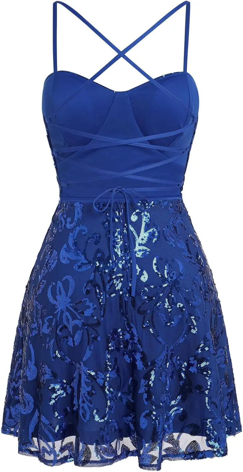 Women's Spaghetti Straps Sparkly Sequins A Line Swing Party Nightclub Dance Mini Dress Above Knee Length Homecoming Dress