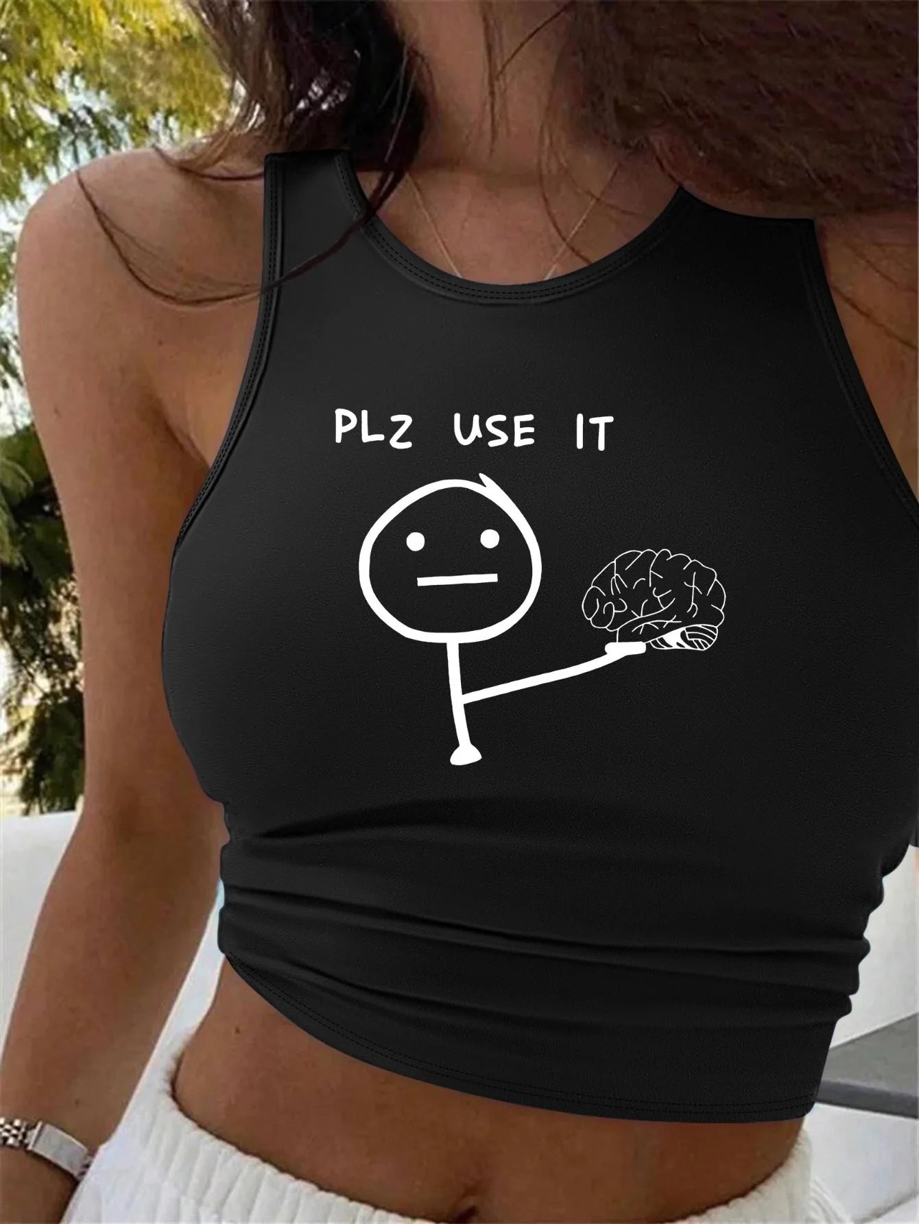

Забавная укороченная женская майка без рукавов «PLZ USE IT», стильный жилет с рисунком мозга, укороченный топ, футболка, повседневная рубашка
