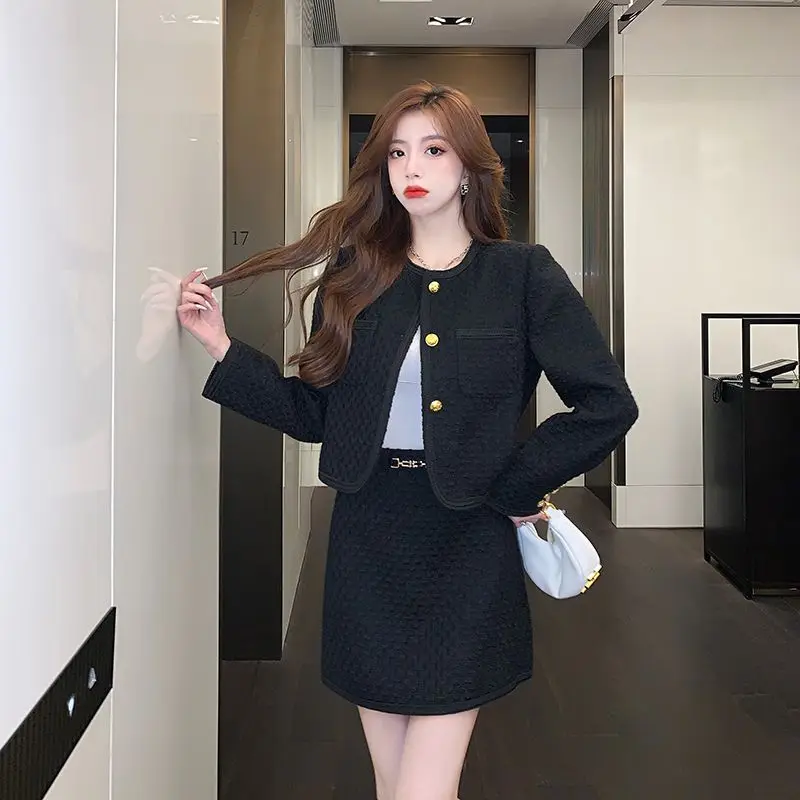 Insozkdg Korean Fashion Tweed 2 Two Piece Set Womens Outfits Autumn Long Sleeve Short Jacket + A-line Mini Skirt Suits Vintage