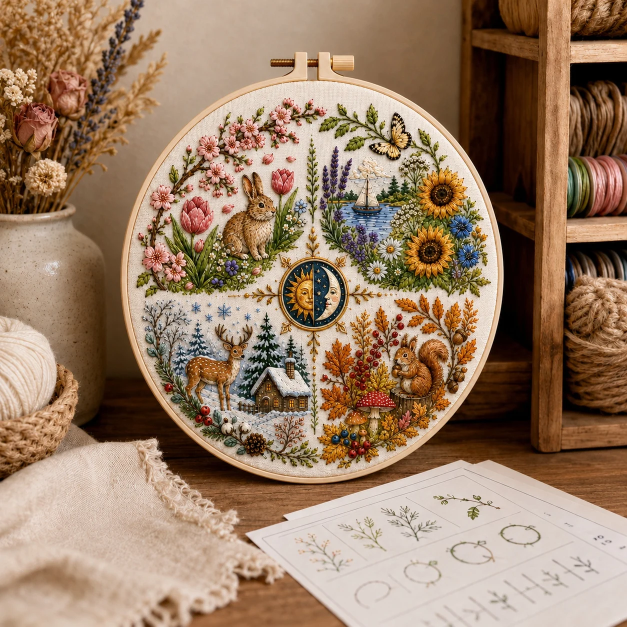 Embroidery Kit All-in-One with Pre-Printed Cloth, Four Seasons Pattern Needles & Soft Threads Included - Craft Set for Adults