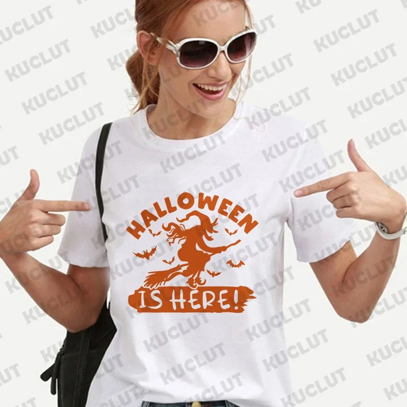 Funny Designer Witch Graphic Women's T-shirt Casual Harajuku Female Clothing Short Sleeve Tees Spooky Halloween Party Y2k Tops