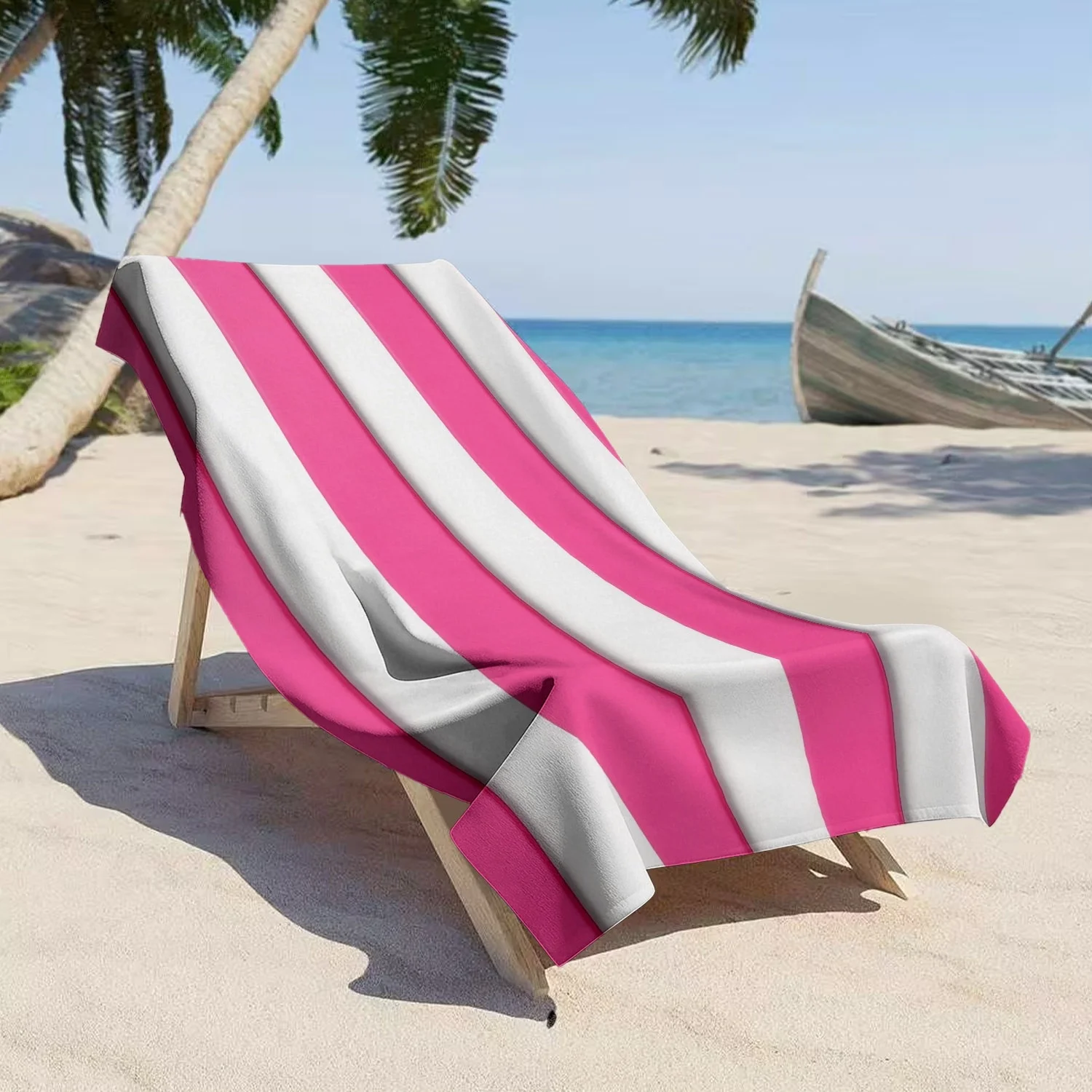 Classic Striped Beach Blanket, Bold Pink White Pattern, Soft Absorbent Microfiber, Lightweight for Vacation, Surfing