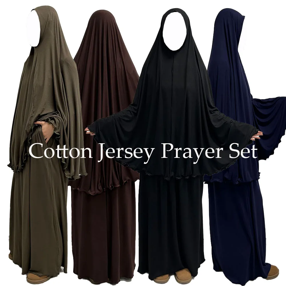 Cotton Jersey Prayer Set Stretchy EID Ramadan Islam Muslim Women Satin Rope Instant Hijab Khimar Skirt Pockets 2 Piece Jilbab