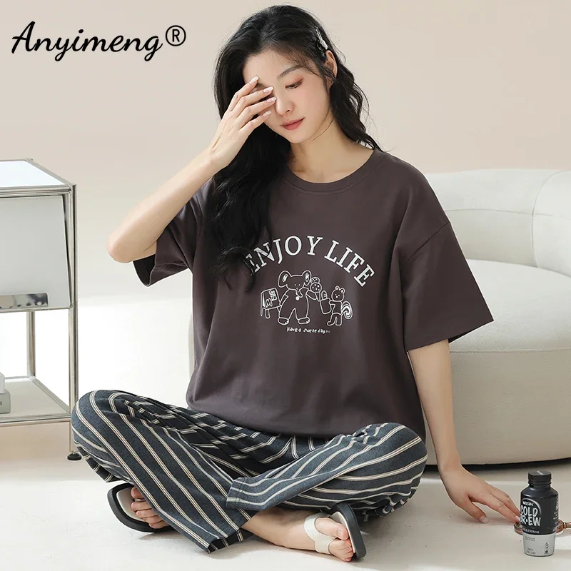 New Summer Cotton Pajamas for Women Short Sleeved Long Pants Pijamas Korean Soft Pijamas Letter Print Woman Sleepwear